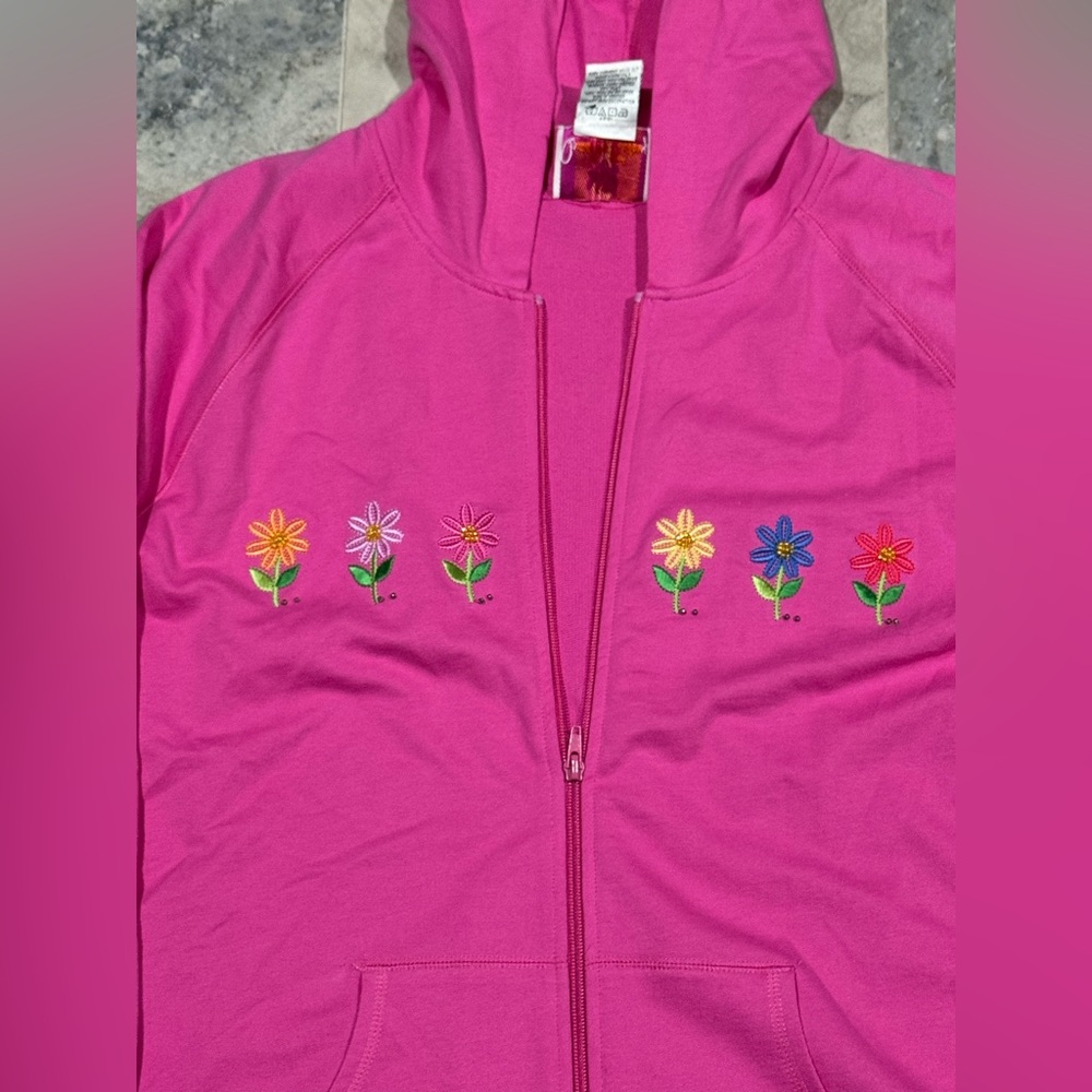 Quacker Factory Vibrant Pink full zip hoodie with Floral Embroidery - Picture 3 of 5